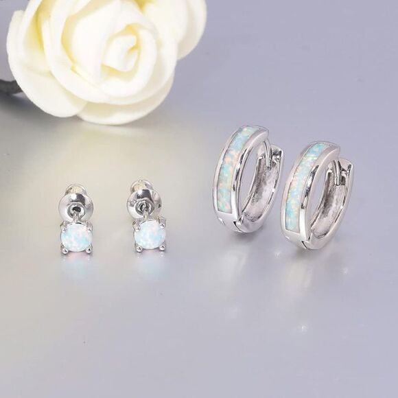 14K White Gold with Genuine White Fire Opal Huggie and Stud Earrings Set of 2 - Picture 2 of 5
